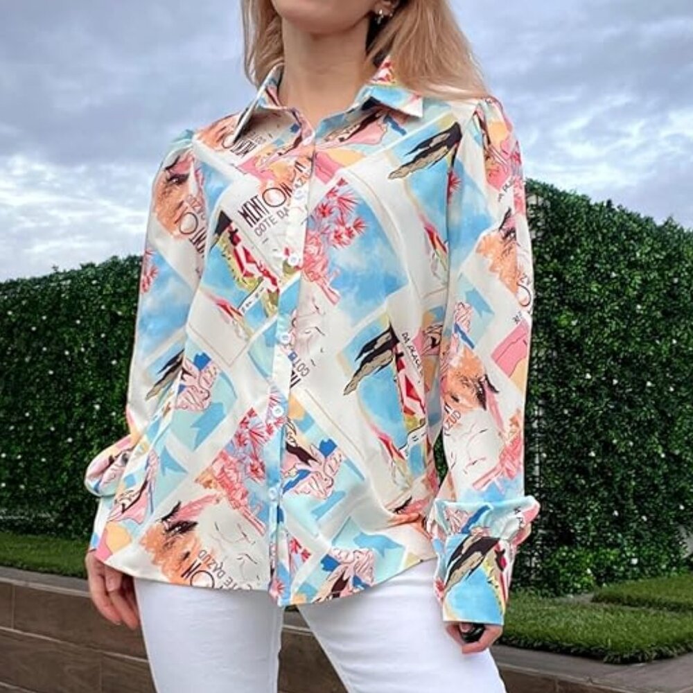 Button Down Printed Lantern Long Sleeve Blouse - image 3